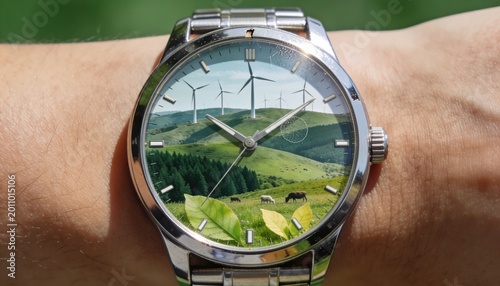 Person wearing a metal wristwatch featuring a wind-turbine landscape on the dial for Earth Day messaging, climate change awareness and environmental conservation campaigns
