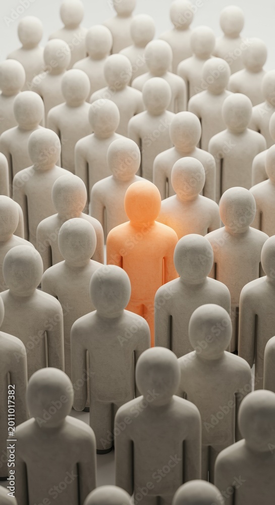 Obraz premium Large group of uniform white figures surrounding a single peach standout figurine for leadership development, talent recognition and corporate conceptual advertising