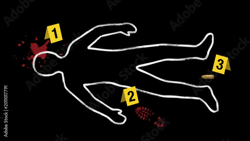 Tableau sur toile Crime Scene Outline with Evidence Markers and Forensic Clues