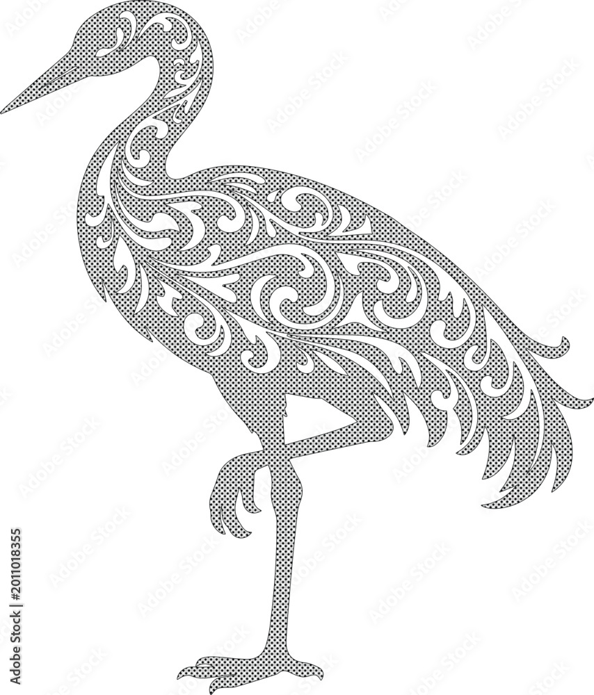 Fototapeta premium Elegant heron vector illustration, intricate scrollwork crane silhouette, decorative bird design, sophisticated animal graphic for crafts and decor