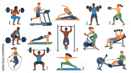 Fotografie Diverse people exercising in a gym with various equipment.