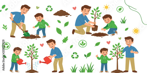 Photos Father and son planting trees together for environmental protection and reforest