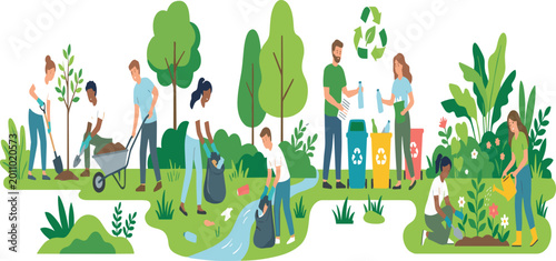 Foto Group of volunteers cleaning park planting trees and sorting waste for environme