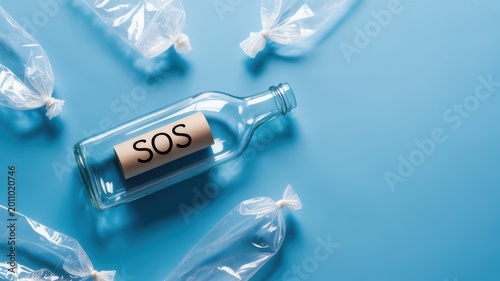A glass bottle with an SOS message lies among tied plastic bags on a blue surface.