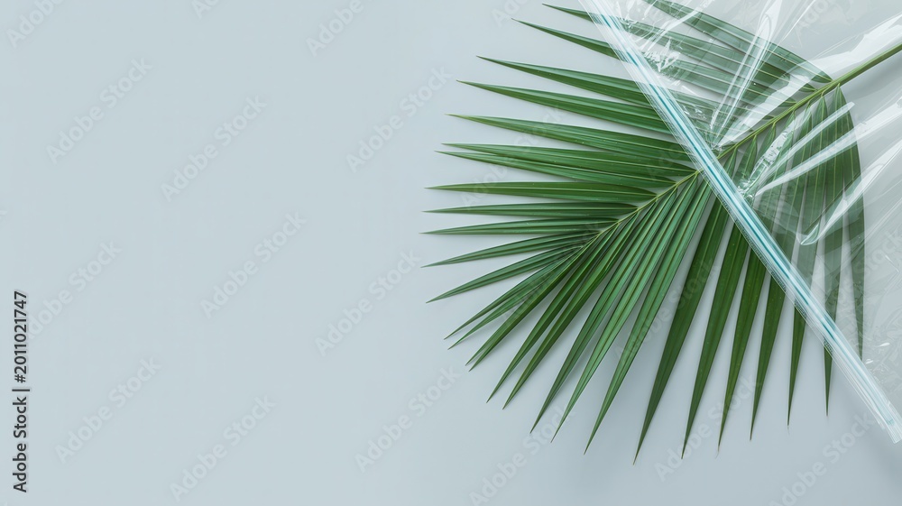 Fototapeta premium A close-up view of a green palm leaf against a light blue background