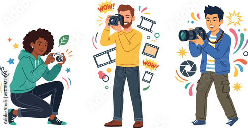 Foto Set of diverse professional photographers taking pictures with digital cameras f