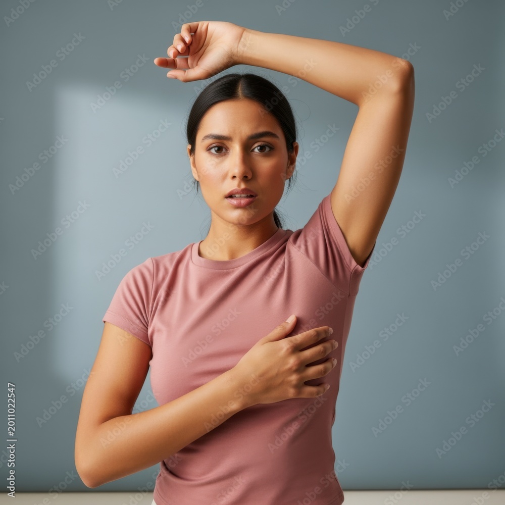 Obraz premium Young woman in short sleeve shirt raising arm with concerned expression for personal care campaign, hygiene product advertising and body care lifestyle editorial