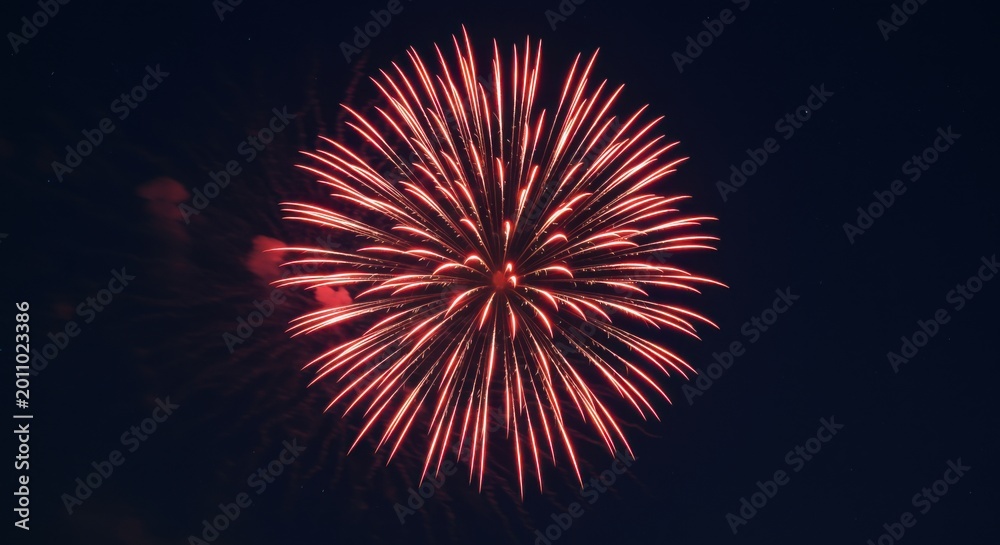 Fototapeta premium Volcanic red firework burst exploding in a dark night sky for patriotic celebration, Independence Day event marketing and spectacular festive holiday branding