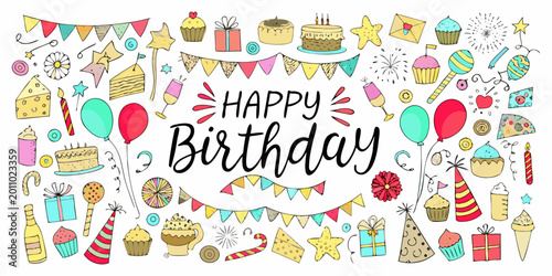 Photography colorful happy birthday vector illustration with party elements