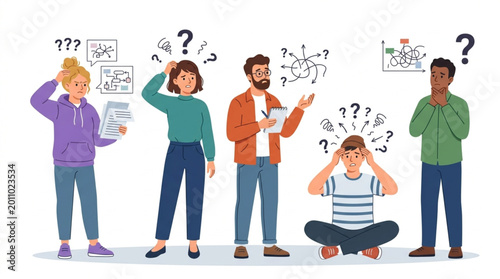 Foto Diverse group of people confused by complex problems and questions