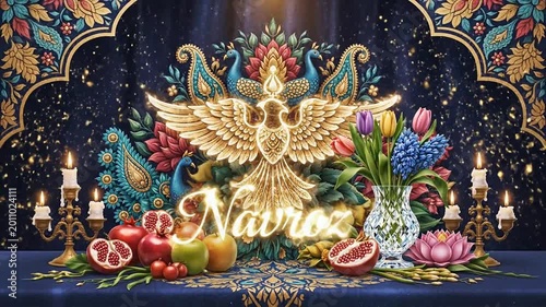 Navroz Mubarak Celebration with Golden Phoenix and Traditional Haft-Sin Table.