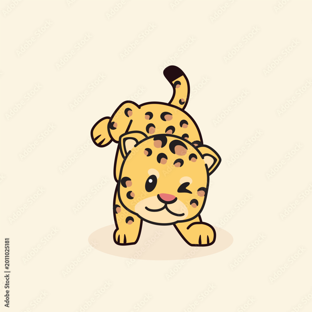 Fototapeta premium Cute cartoon cheetah winks playfully. Soft pastel background adds charm. Ideal for children's books or digital stickers. Adorable expression invites affection. Cartoon style draws attention gently