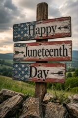 Rustic Juneteenth Wooden Sign Celebration in Countryside Landscape