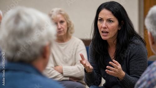 Woman speaking passionately in group discussion or community meeting