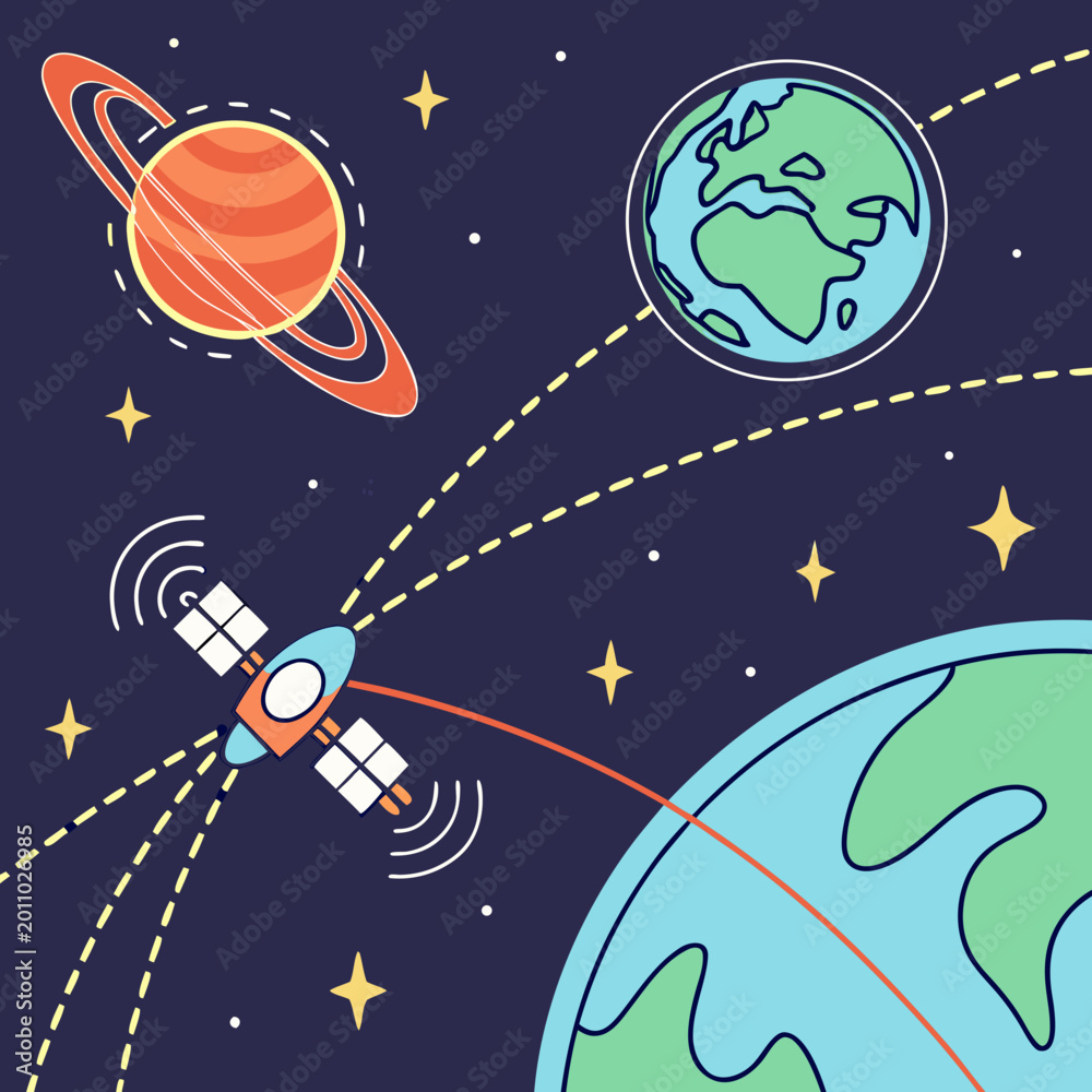 Naklejka premium Satellite communication and global connectivity concept illustration featuring earth and saturn in outer space satellite communication universe astronomy technology connection transmission