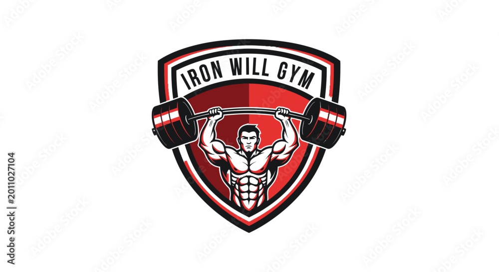 Fototapeta premium Iron Will Gym logo with muscular man lifting barbell in a shield emblem.