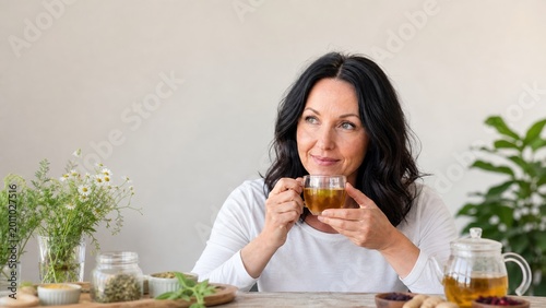 Woman enjoying herbal tea with fresh herbs and plants on table