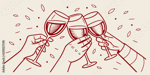 Bild auf Leinwand red line art illustration of three hands clinking wine glasses