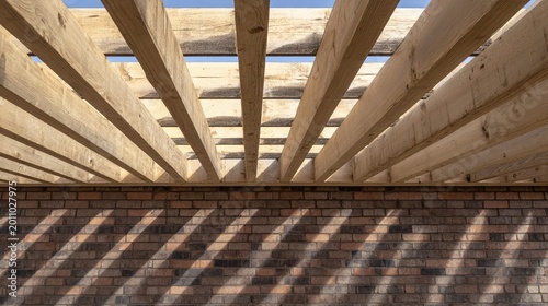 joists. Exposed wooden joists arranged neatly between brick walls on a site. real-estate listings, architecture portfolios, designed for interior renovation comparisons for interiors.