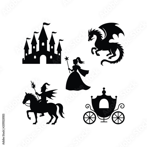Fotografía Fantasy Fairy Tale Silhouette Collection with Castle, Dragon, Fairy Godmother, K