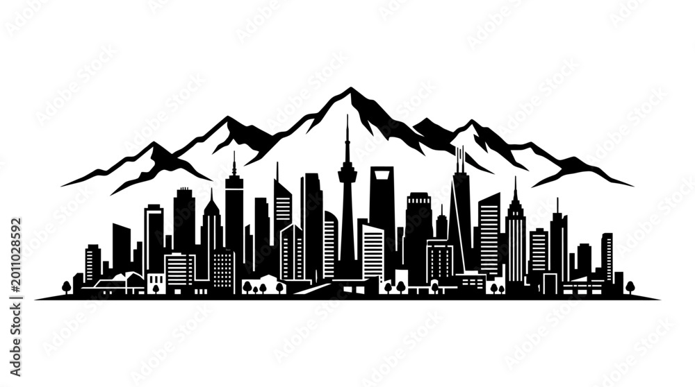 Fototapeta premium City skyline, mountain range, urban landscape, black silhouette, cityscape isolated on White Background Editable EPS