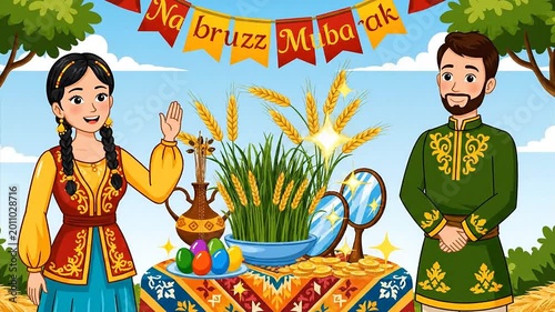 Nowruz Mubarak Celebration with Traditional Haft-Seen Table and Festive Attire.