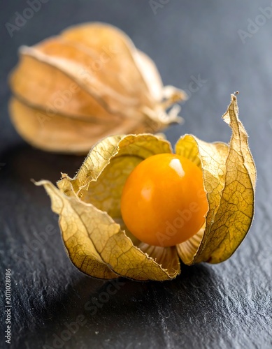 Close up of golden physalis fruit in its papery husk against dark surface
