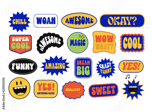 Set of retro pop stickers with cool gen z slang words and cute smiley characters in y2k style