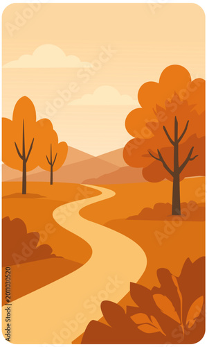 Autumn landscape with winding path, orange trees, and mountains in flat vector style.