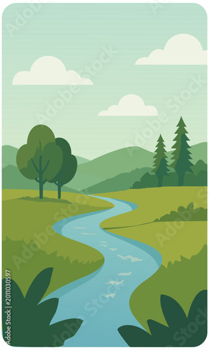 Serene nature landscape illustration featuring a winding blue river, lush green hills, and forest trees under a cloudy sky.