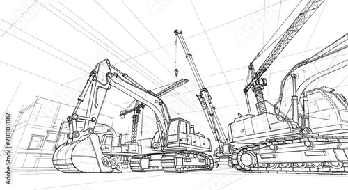Dynamic architectural sketch illustrating an active urban construction site with a fleet of heavy machinery including excavators and cranes, emphasizing industrial development and engineering