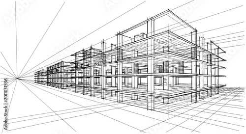 Detailed architectural wireframe illustration in one-point perspective, depicting the structural design and framework of a modern building complex for urban development