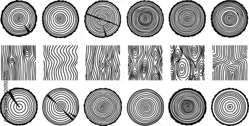 Tableau sur toile Set of Wood Grain Textures and Tree Ring Cross Section Vector Icons