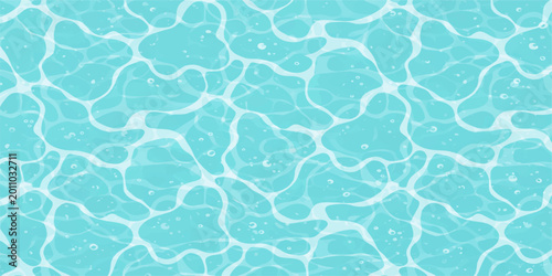 Seamless blue water background featuring an abstract swimming pool texture with clear ripples and a liquid surface pattern of transparent drops and turquoise flowers