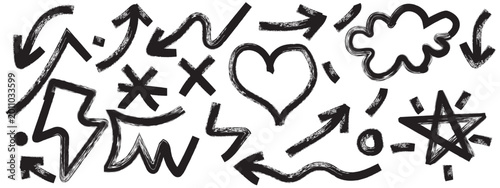 Punk and graffiti style brush drawn doodle shapes. Hand drawn bold brush star, arrow, rock and roll aestheti. skull and crown. Graffiti bold brush drawn figures for collages, grunge street art design 