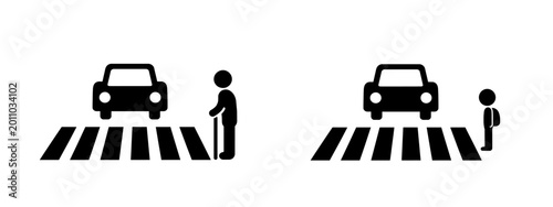 Fotografía Pedestrian Safety Pictogram Set with Elderly Person and Child Waiting at Crosswa