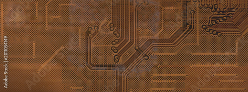 Fotografie Copper Circuit Board Texture with Intricate Conductive Traces, Electronic Hardwa