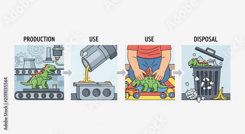 The Life Cycle of a Green Dinosaur Toy From Plastic Fabrication to Industrial Disposal Process