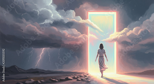 A Woman Approaching a Glowing Gateway Amidst a Stormy Landscape, Symbolizing Hope and New Beginnings