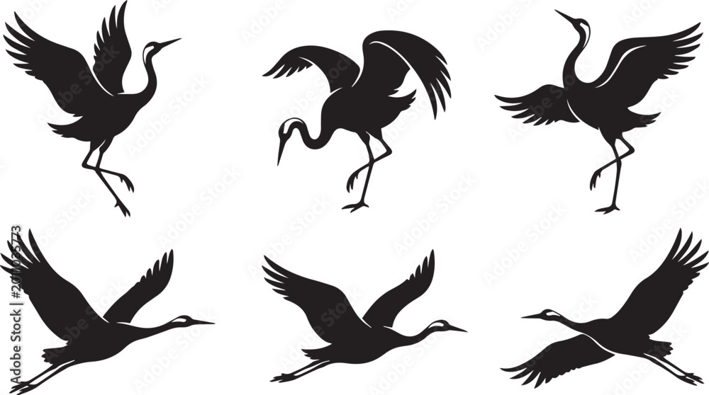 Fototapeta premium Japanese crane silhouettes set, 6 flying and standing heron bird icons, black stork vector graphics for asian zen design