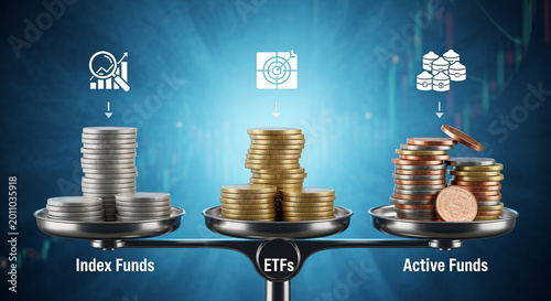 Investment Funds and Financial Growth Concept Represented by Graphical Scales and Coins Illustration