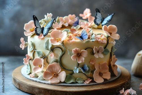 The birthday cake is decorated with fondant flowers in soft, colorful shades and delicate butterflies, giving it a sweet look.