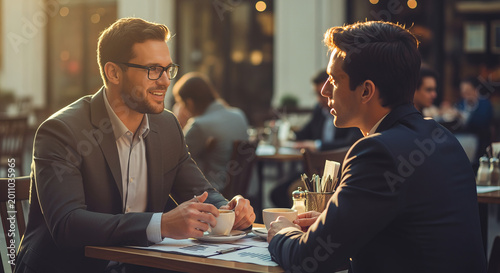 Outdoor Business Meetings with Clients Discussing Future Finances Over Drinks on Cafe Terrace
