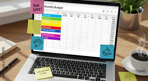 Managing Finances with a Budget Planner on a Laptop Next to a Cup of Coffee for Financial Control.