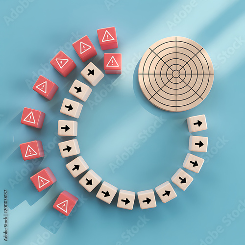 A creative arrangement of wooden blocks with warning signs and arrows on a blue background with a target board
