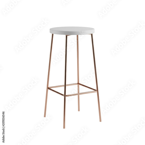 a minimalist, high-end bar stool with a circular seat and polished rose gold and copper geometric frame, isolated on a seamless transparent background, commercial elegance display