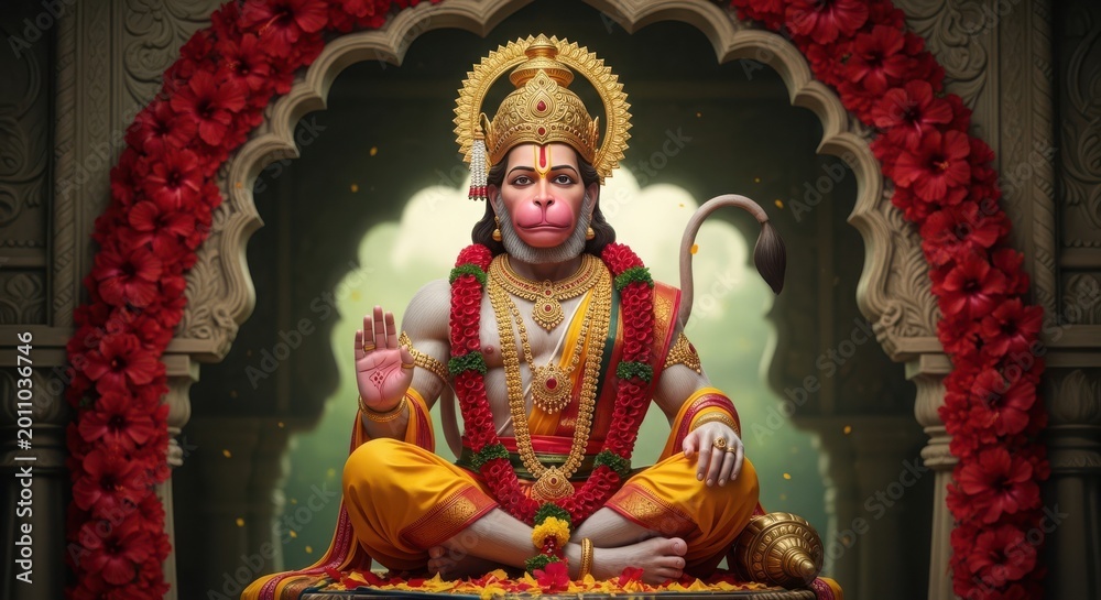Fototapeta premium Devout Hanuman seated in temple archway with floral garlands and golden ornaments