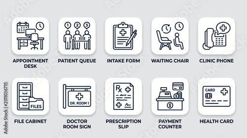 Medical clinic and healthcare reception management icons set featuring appointment desk patient queue intake form waiting chair clinic phone file cabinet doctor room sign prescription and cards.