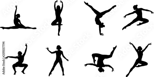 Cuadro en lienzo Dance and acrobatic silhouettes set featuring expressive poses including jumps s