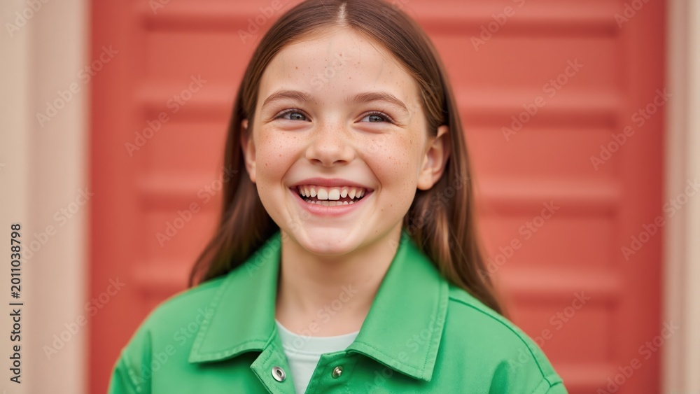 Fototapeta premium Laughing young girl with freckles in green jacket. Happy child portrait against red background. Childhood and joy concept